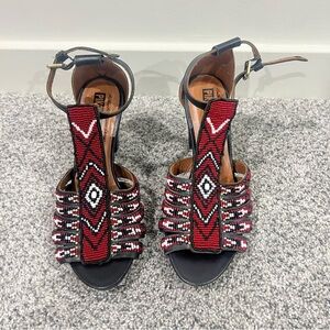 Pikolinos Red Black White Beaded Maasai T-Strap Sandals Women’s Size 37 US 7